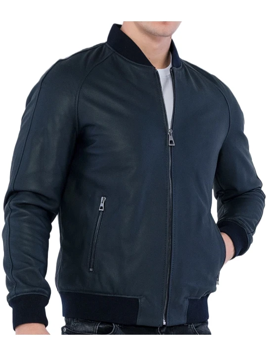 Navy Blue Bomber Leather Jacket Men Navy Blue Bomber Leather Jacket Men