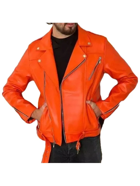 Orange Motorcycle Biker Style Leather Jacket