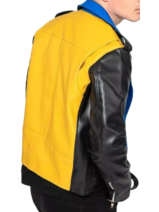 Paneled Black Blue And Yellow Leather Biker Jacket