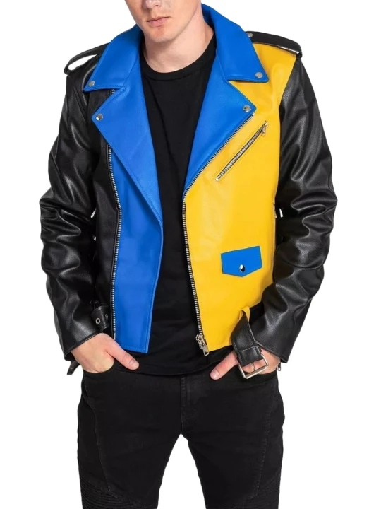 Paneled Black Blue And Yellow Leather Biker Jacket