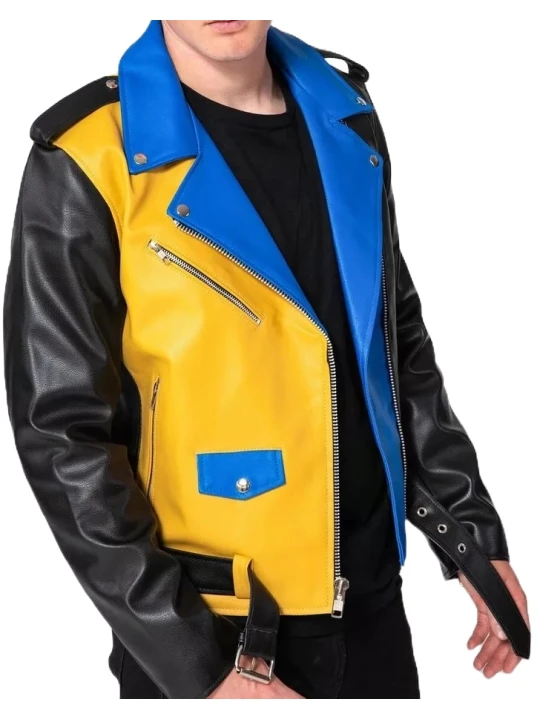 Paneled Black Blue And Yellow Leather Biker Jacket
