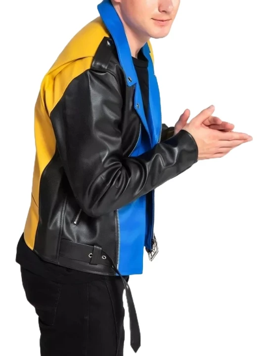 Paneled Black Blue And Yellow Leather Biker Jacket
