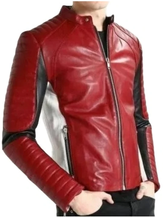 Paneled Red Leather Biker Moto Jacket