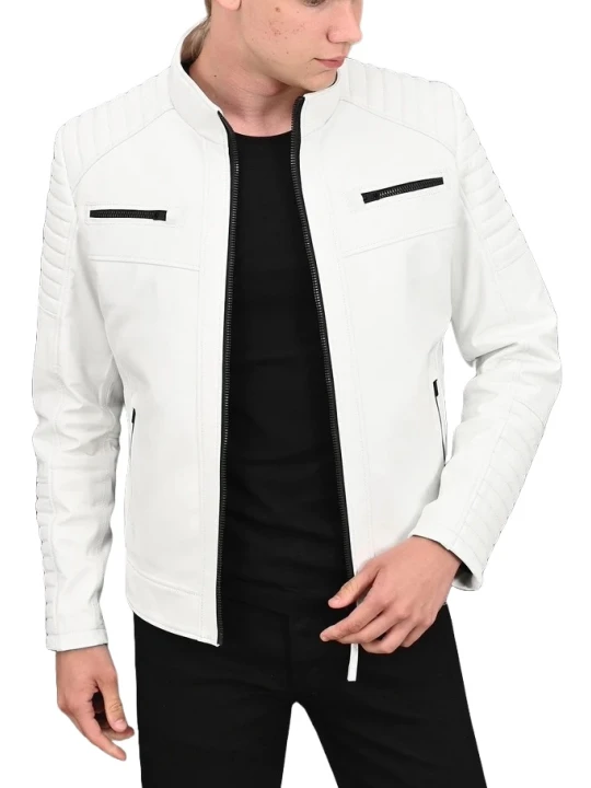 Quilted Arms White Leather Biker Moto Jacket
