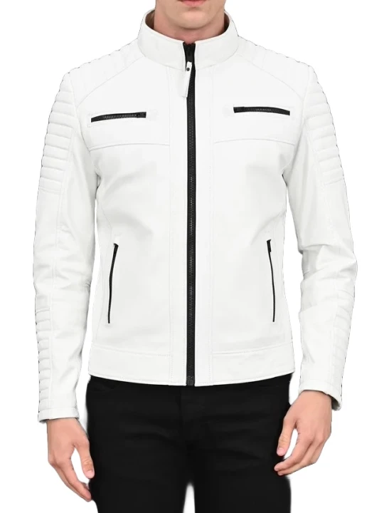 Quilted Arms White Leather Biker Moto Jacket