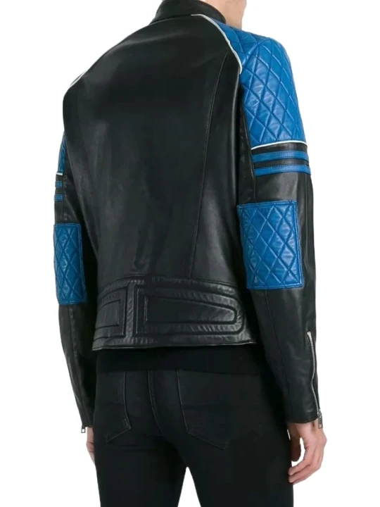 Quilted Leather Black With Blue Biker Moto Jacket Quilted Leather Black With Blue Biker Moto Jacket