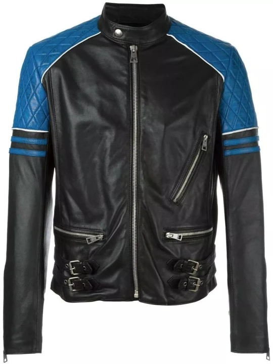 Quilted Leather Black With Blue Biker Moto Jacket Quilted Leather Black With Blue Biker Moto Jacket