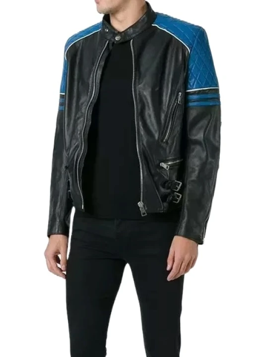 Quilted Leather Black With Blue Biker Moto Jacket