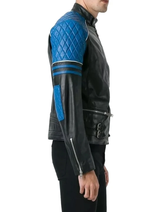 Quilted Leather Black With Blue Biker Moto Jacket Quilted Leather Black With Blue Biker Moto Jacket