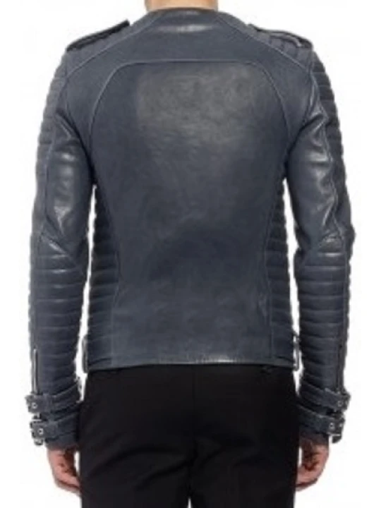 Quilted Navy Blue Leather Biker Moto Jacket