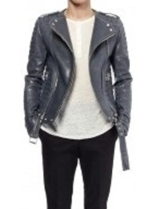 Quilted Navy Blue Leather Biker Moto Jacket
