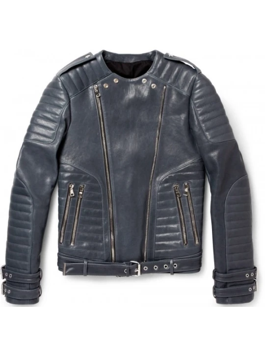 Quilted Navy Blue Leather Biker Moto Jacket