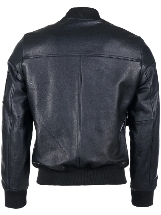 Round Neck Black Leather Bomber Jacket Round Neck Black Leather Bomber Jacket