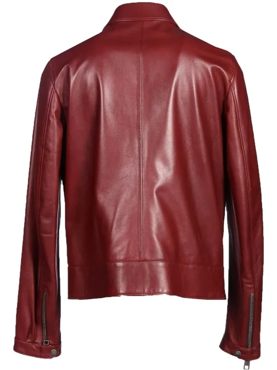 Spread Collar Burgundy Leather Biker Moto Jacket