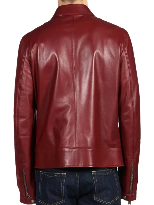 Spread Collar Burgundy Leather Biker Moto Jacket