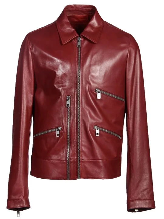 Spread Collar Burgundy Leather Biker Moto Jacket