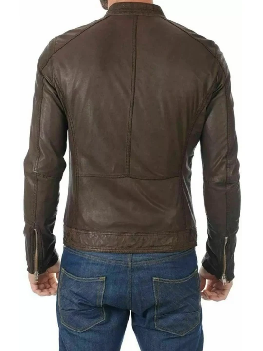 Stand Collar Dark Brown Leather Moto Jacket