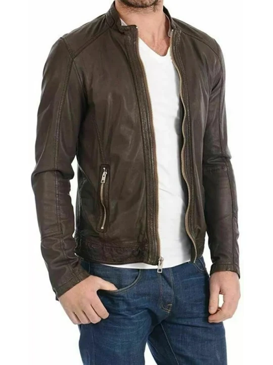 Stand Collar Dark Brown Leather Moto Jacket