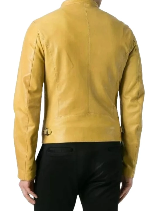 Stand Collar Yellow Leather Moto Jacket