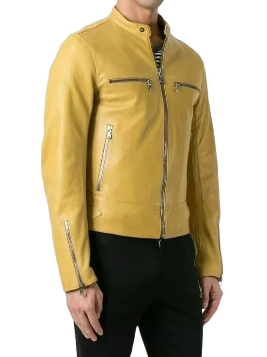 Stand Collar Yellow Leather Moto Jacket