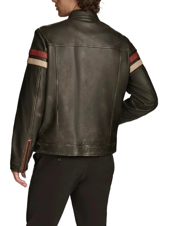 Striped Racing Biker Black Leather Jacket