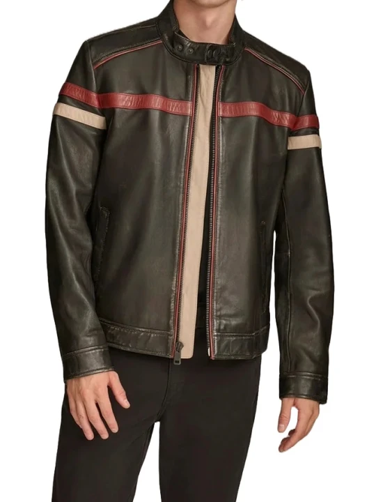 Striped Racing Biker Black Leather Jacket