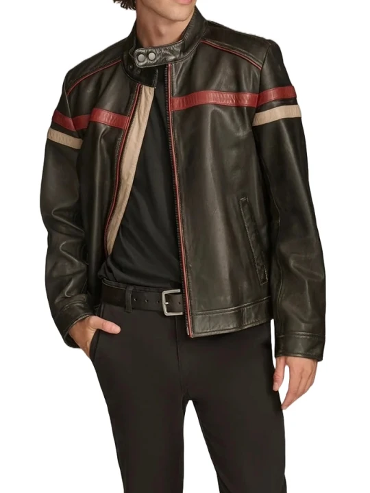 Striped Racing Biker Black Leather Jacket