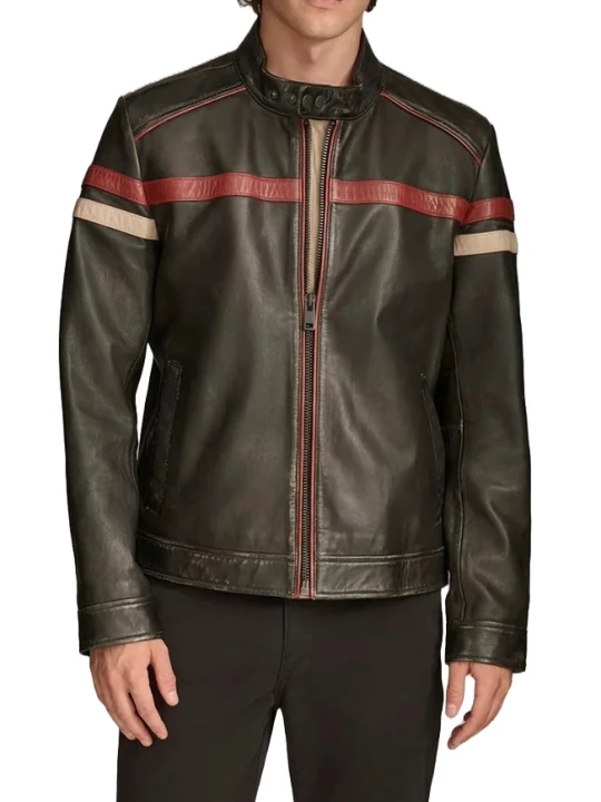 Striped Racing Biker Black Leather Jacket