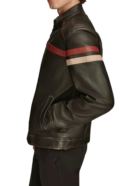 Striped Racing Biker Black Leather Jacket