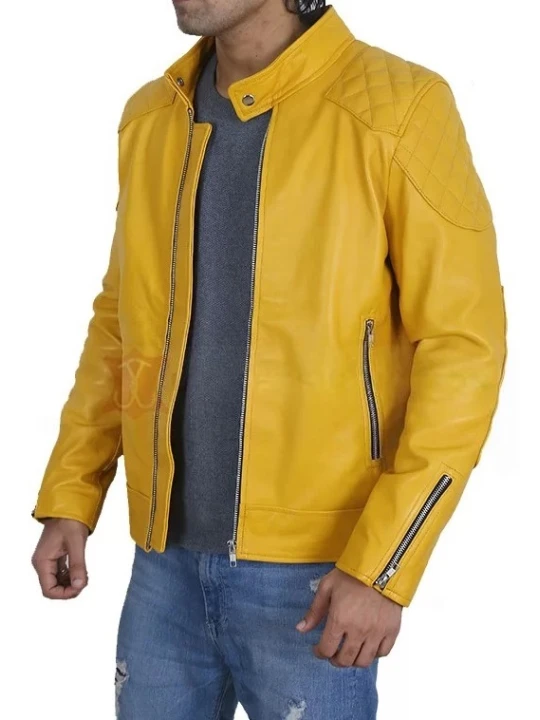 Yellow Cafe Racer Leather Biker Jacket