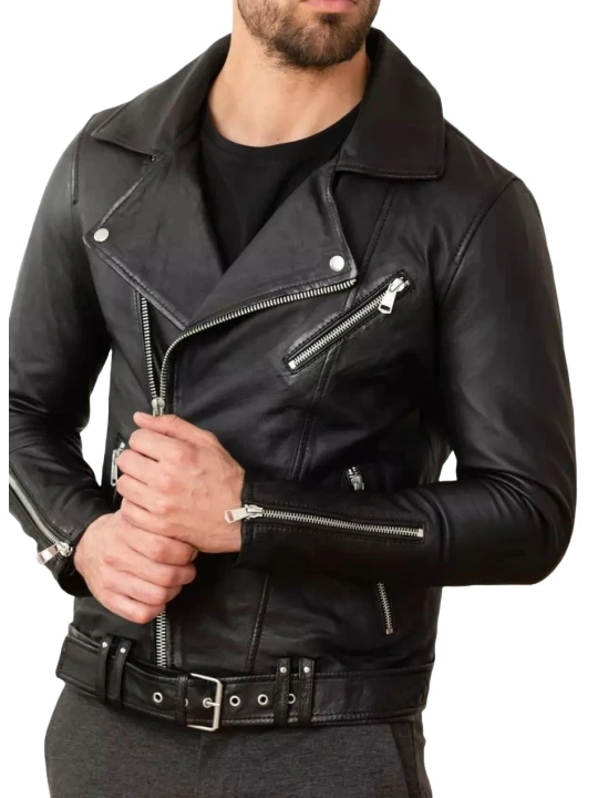 Zipper Cuff Black Leather Moto Jacket