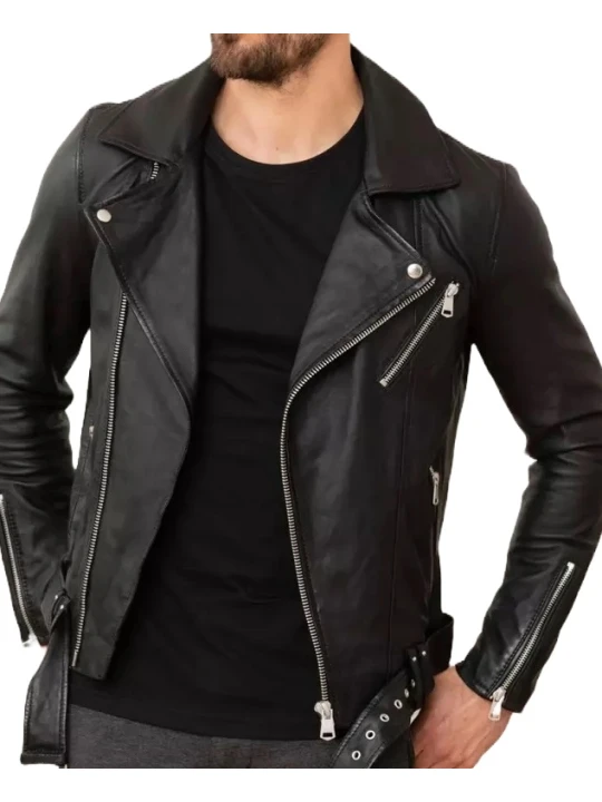 Zipper Cuff Black Leather Moto Jacket