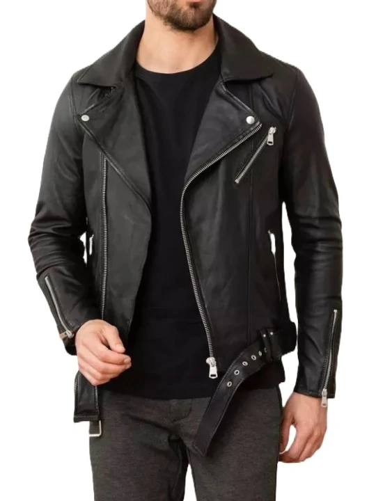Zipper Cuff Black Leather Moto Jacket