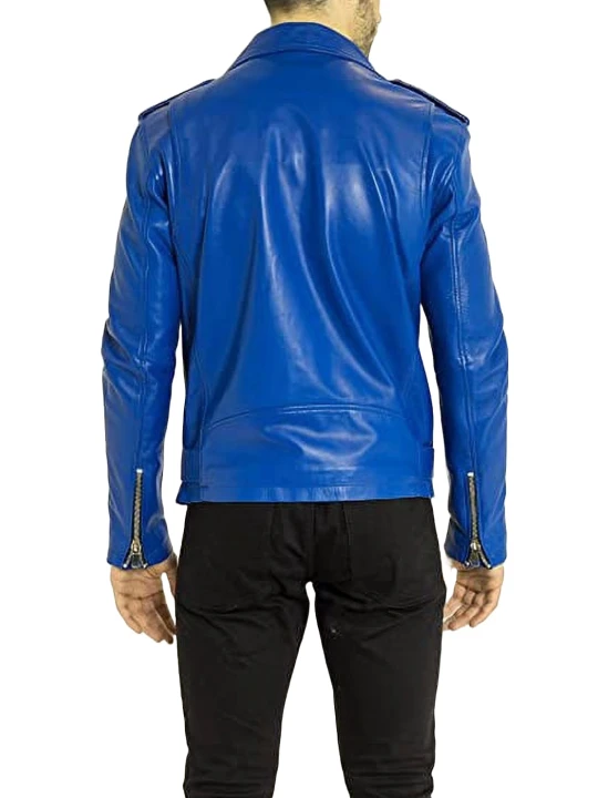Zipper Pockets Blue Leather Motorbike Jacket