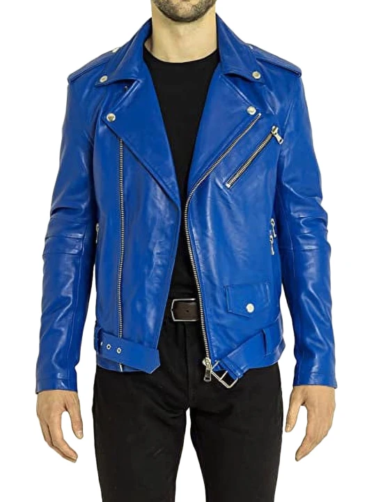 Zipper Pockets Blue Leather Motorbike Jacket