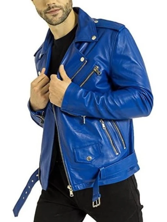 Zipper Pockets Blue Leather Motorbike Jacket
