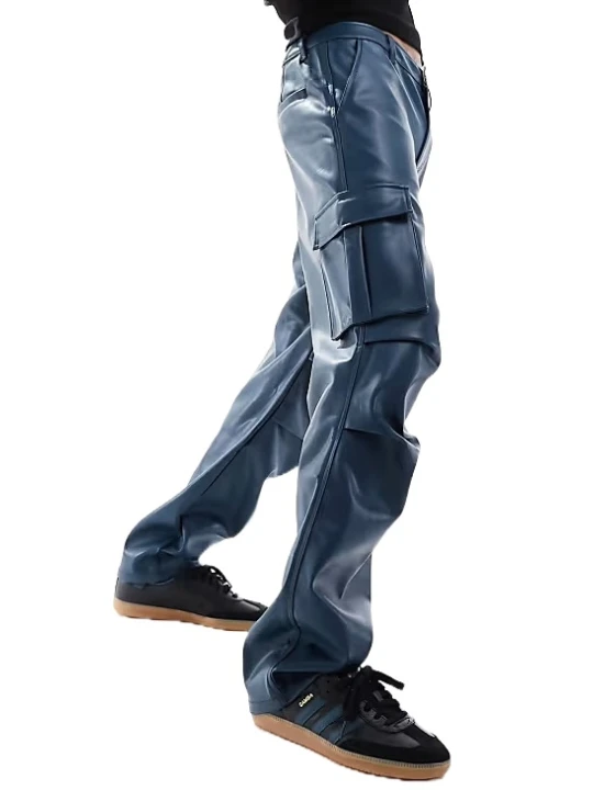 Baggy Leather Cargo Pants In Navy Blue