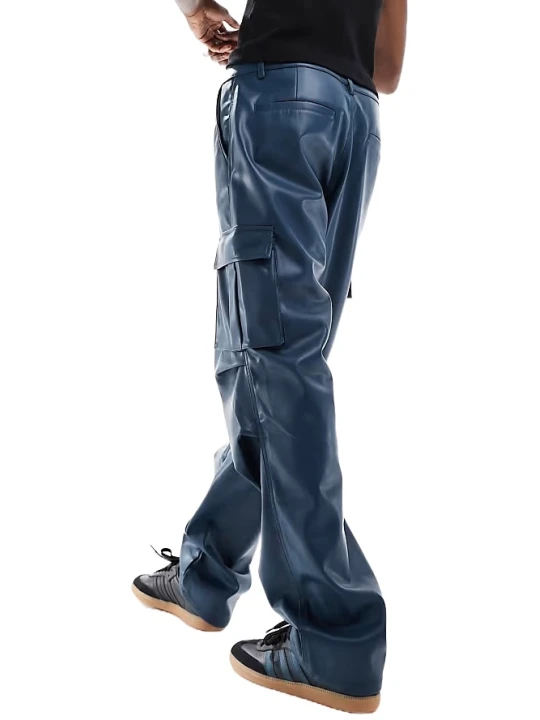 Baggy Leather Cargo Pants In Navy Blue