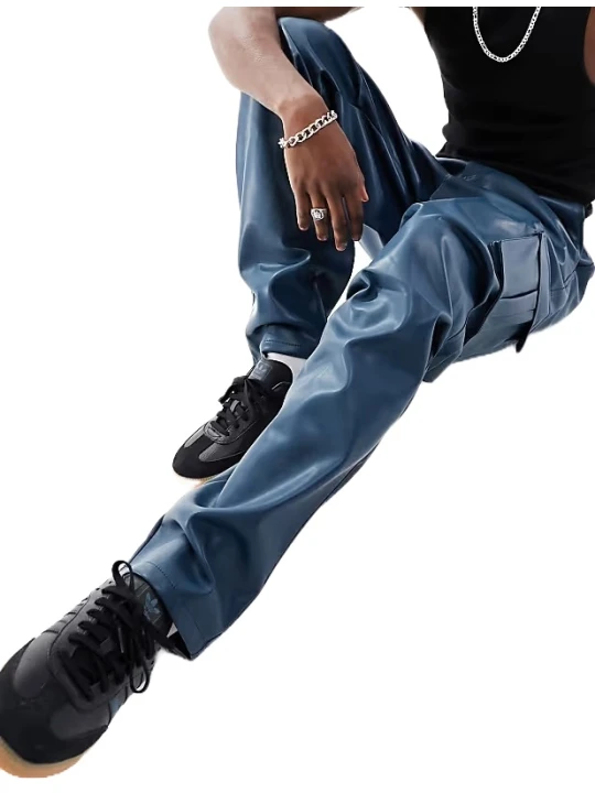 Baggy Leather Cargo Pants In Navy Blue