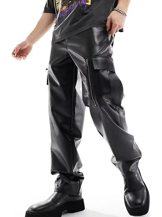 Baggy Leather Cargos Pants In Black