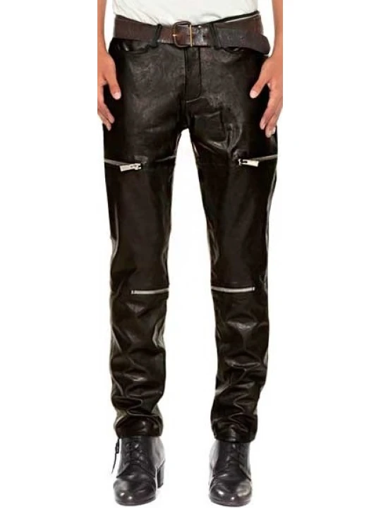 Black Leather Pants With Front Zipped