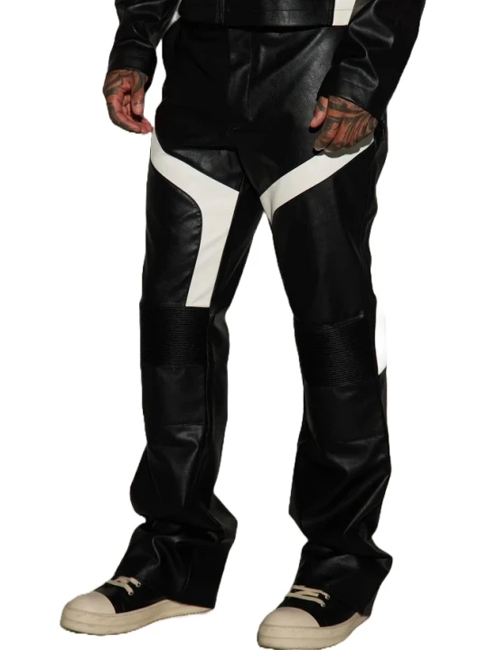 Black With White Leather Patch Moto Pants