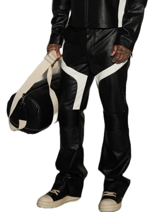 Black With White Leather Patch Moto Pants