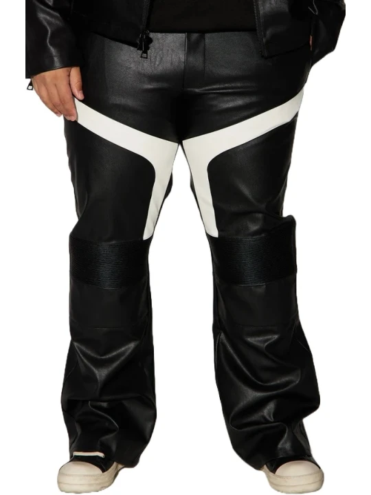 Black With White Leather Patch Moto Pants