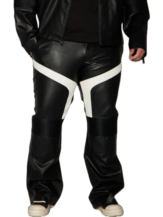 Black With White Leather Patch Moto Pants
