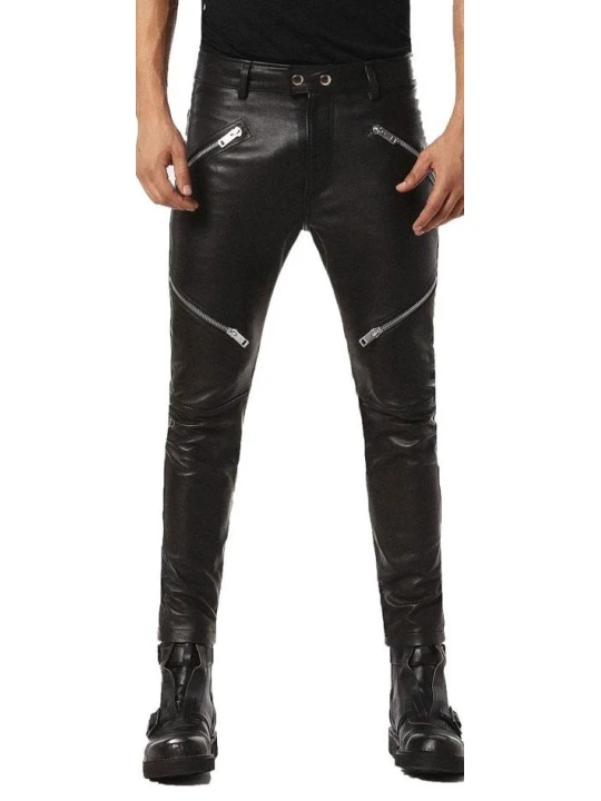 Crossed Zipped Leather Pants Black
