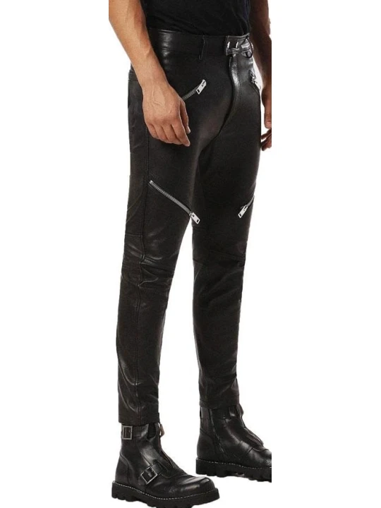 Crossed Zipped Leather Pants Black