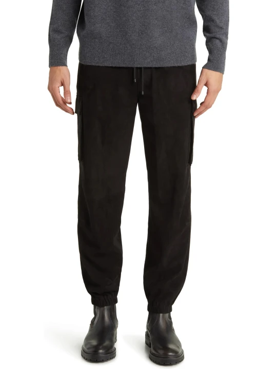 Drawstring Waist Black Suede Leather Cargo Pants