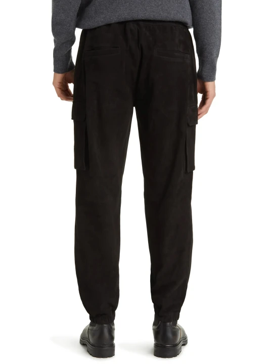 Drawstring Waist Black Suede Leather Cargo Pants