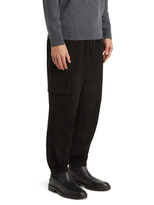 Drawstring Waist Black Suede Leather Cargo Pants